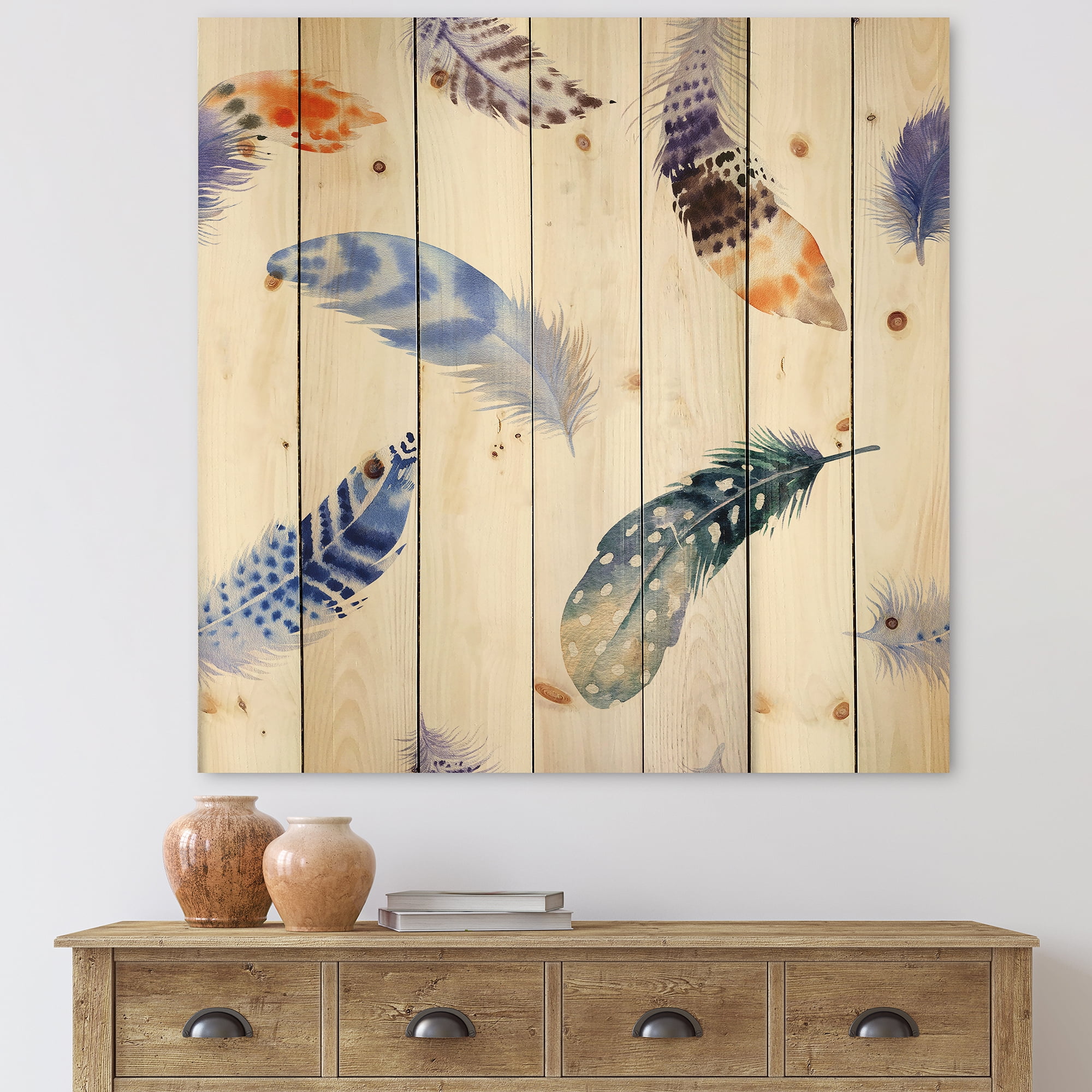 Designart 'Colourful Boho Feather Set On White VII' Bohemian & Eclectic Print on Natural Pine Wood