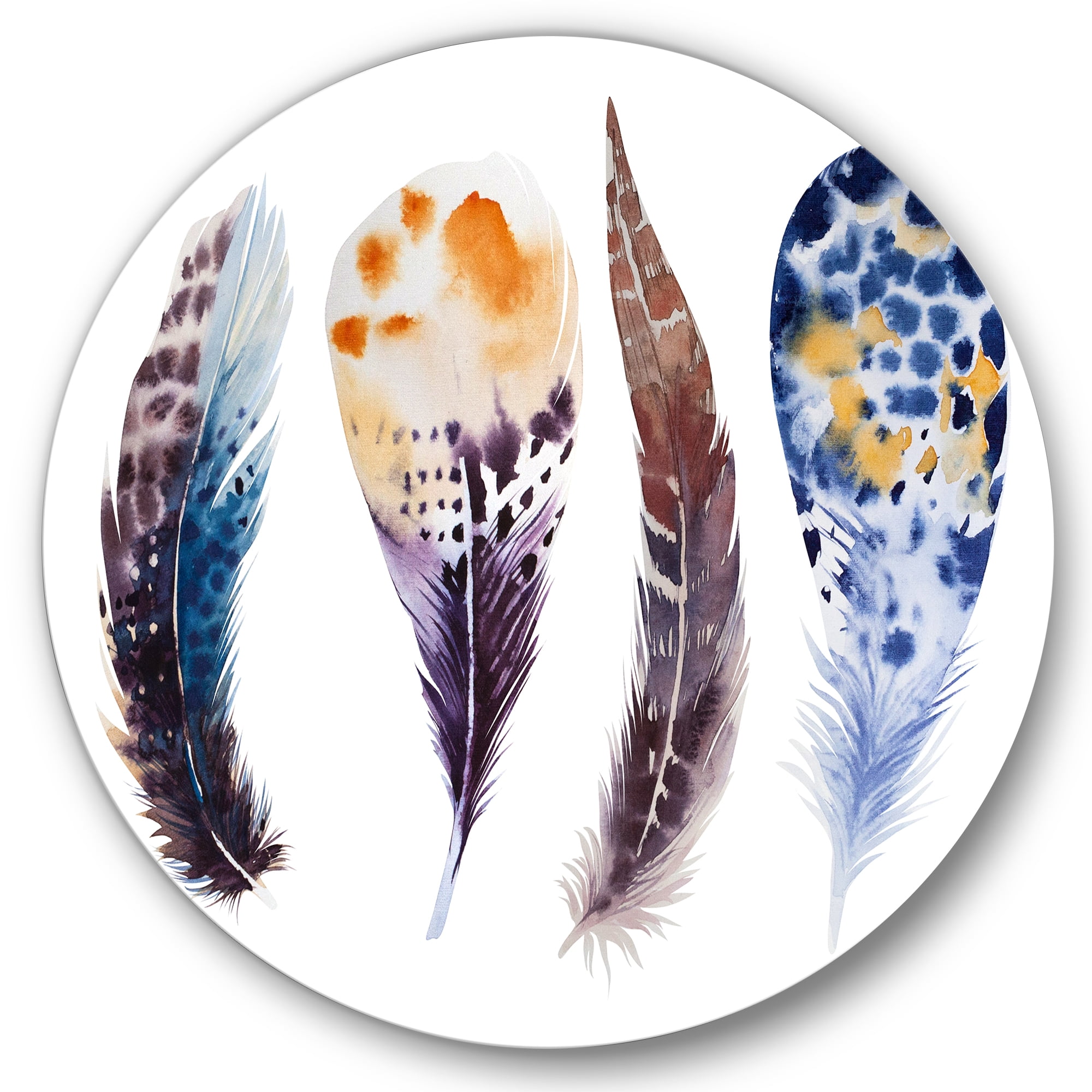 Designart 'Colourful Boho Feather Set On White VIII' Bohemian & Eclectic Circle Metal Wall Art 23x23 - Disc of 23