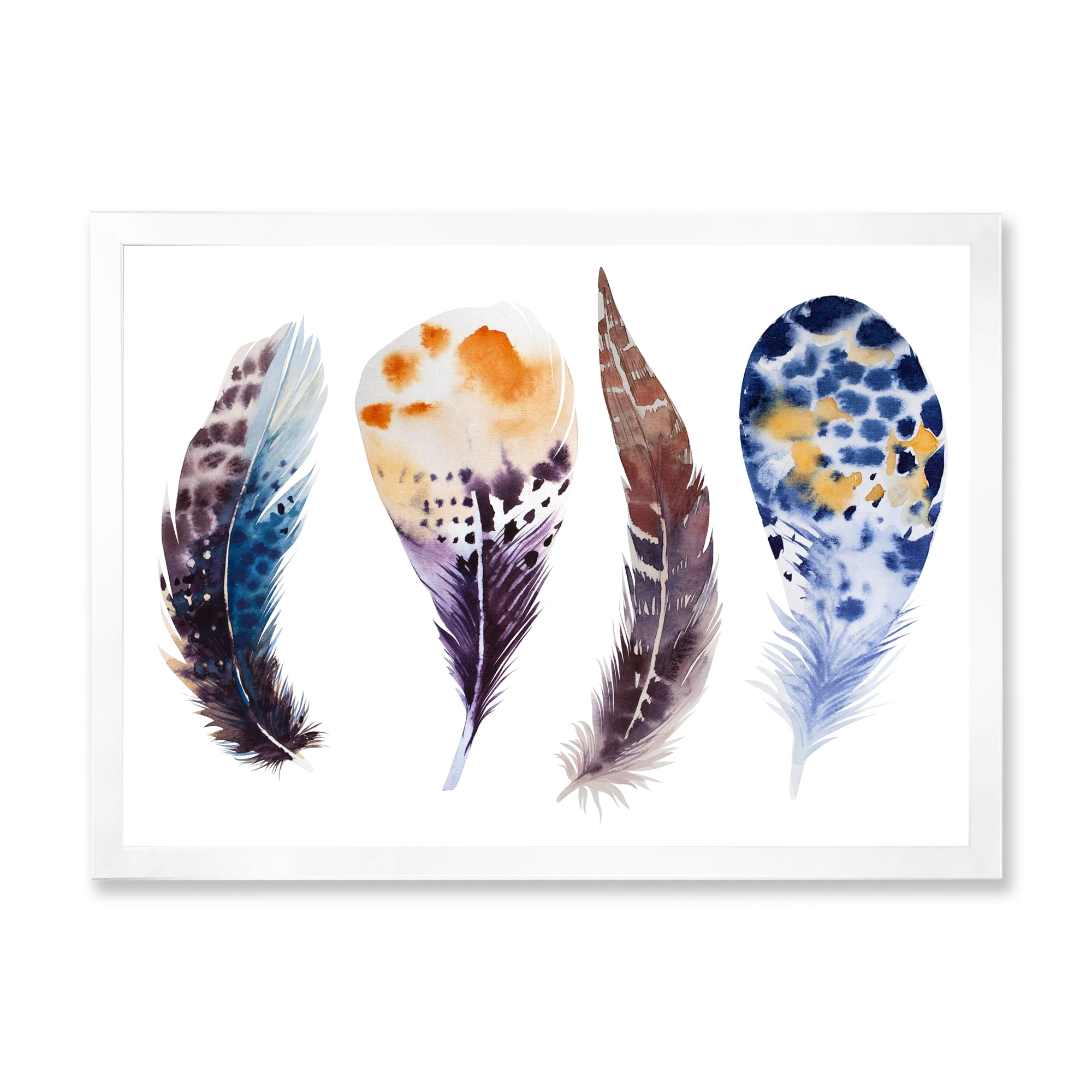Designart 'Colourful Boho Feather Set On White VIII' Bohemian & Eclectic Framed Art Print