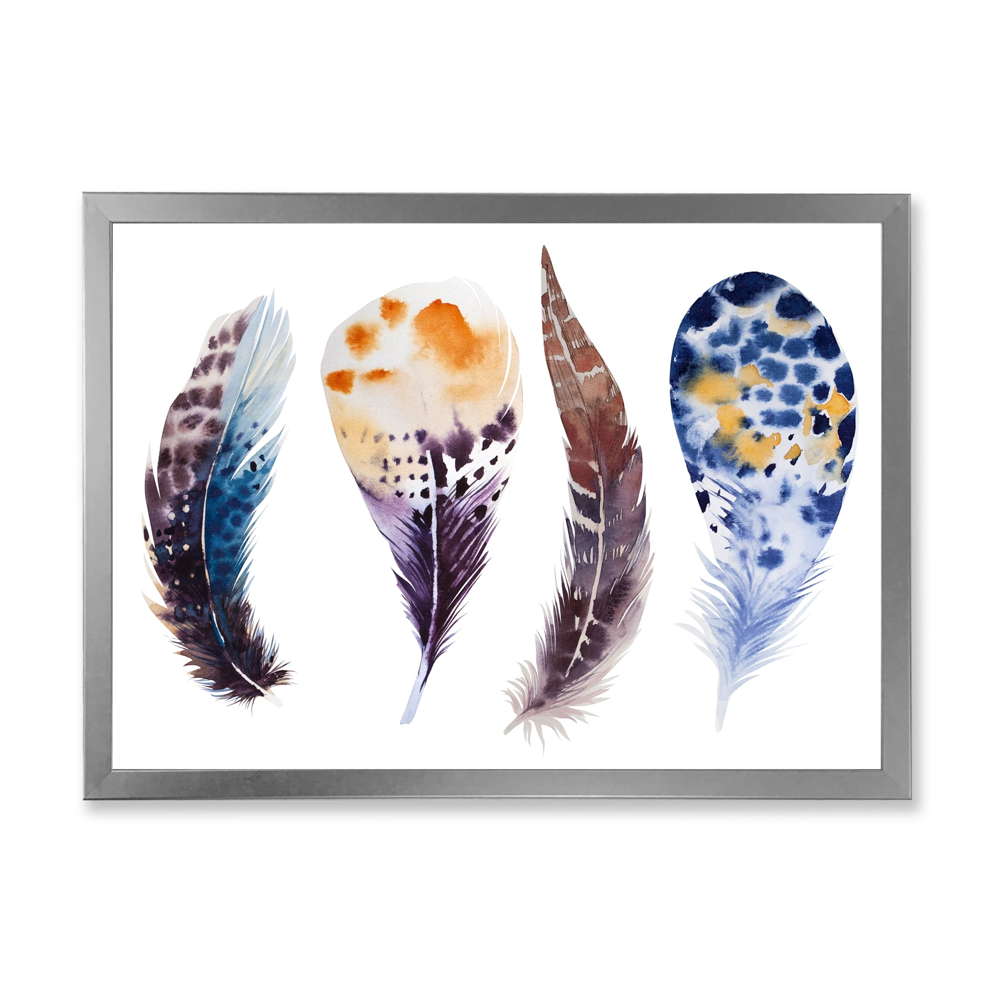 Designart 'Colourful Boho Feather Set On White VIII' Bohemian & Eclectic Framed Art Print
