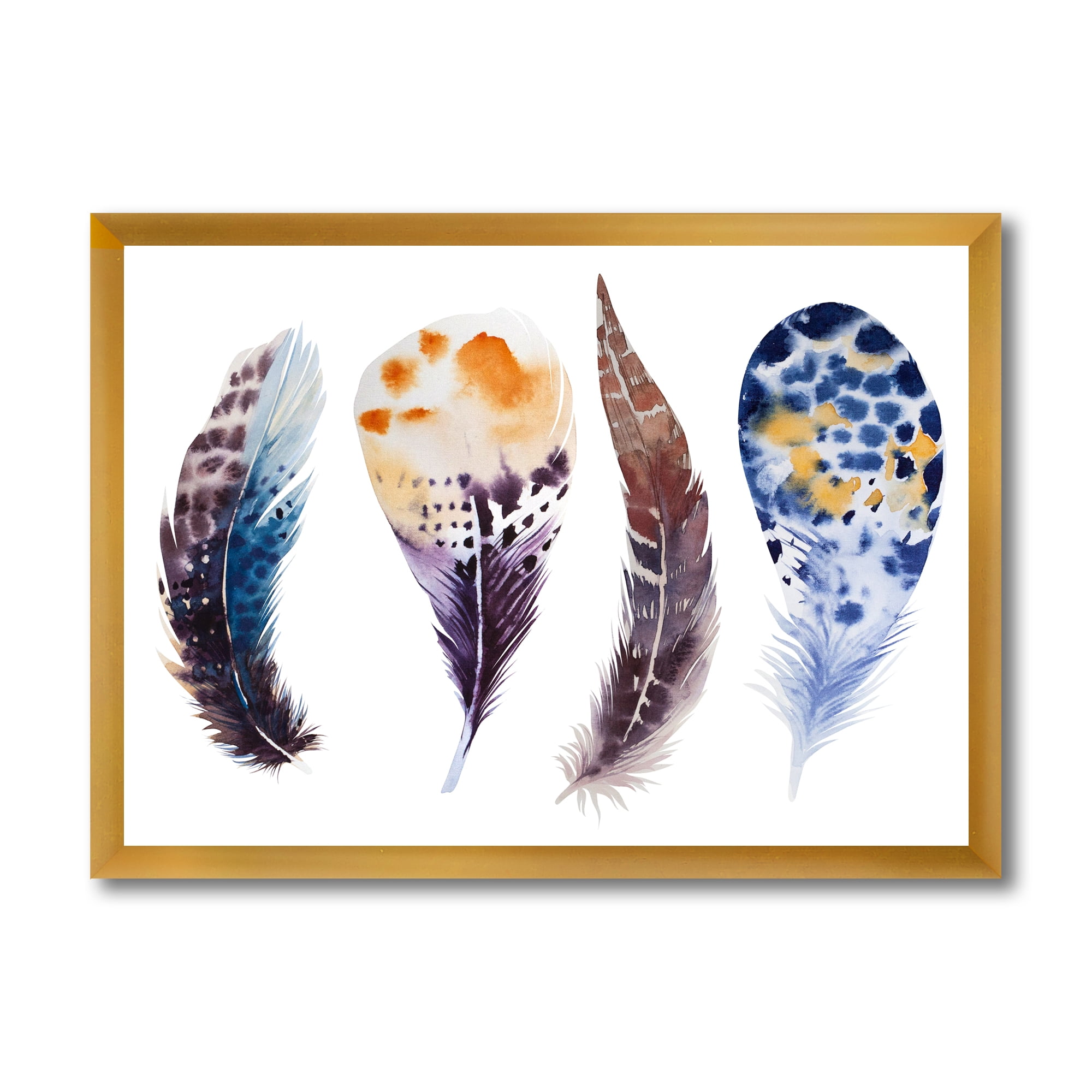 Designart 'Colourful Boho Feather Set On White VIII' Bohemian & Eclectic Framed Art Print