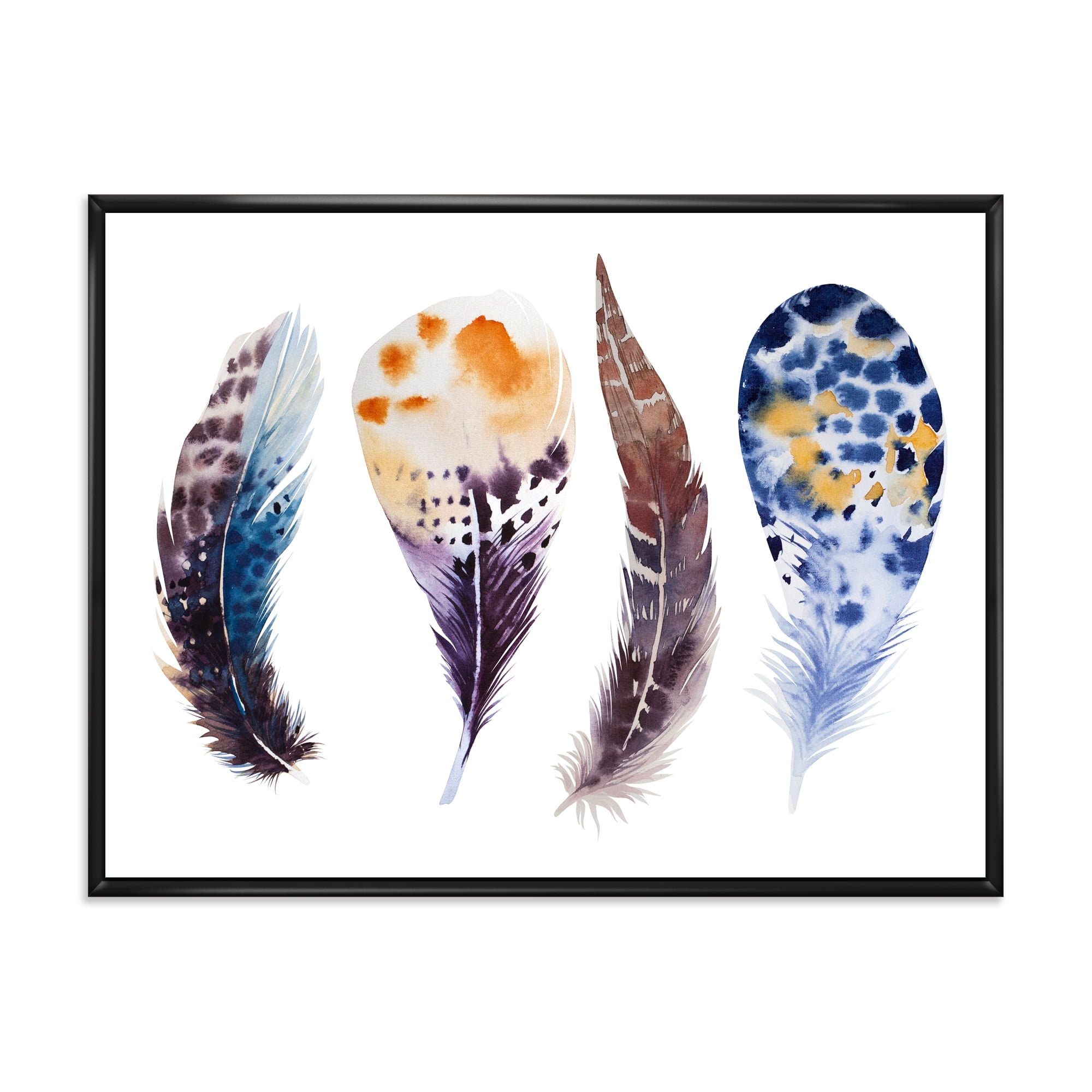 Designart 'Colourful Boho Feather Set On White VIII' Bohemian & Eclectic Framed Canvas Wall Art Print