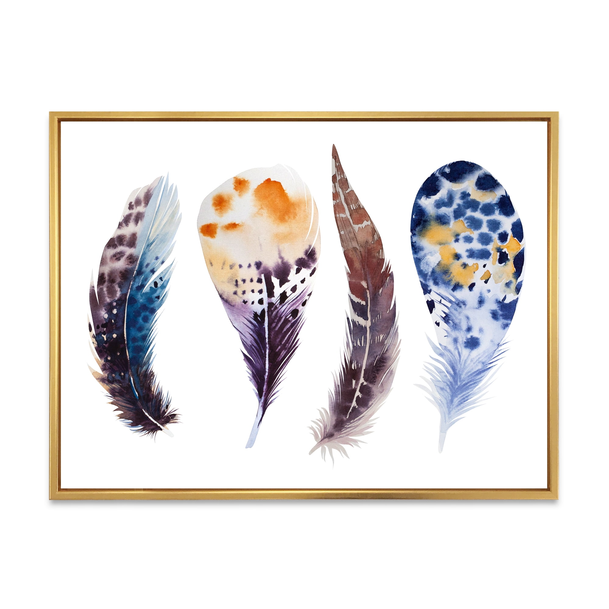 Designart 'Colourful Boho Feather Set On White VIII' Bohemian & Eclectic Framed Canvas Wall Art Print