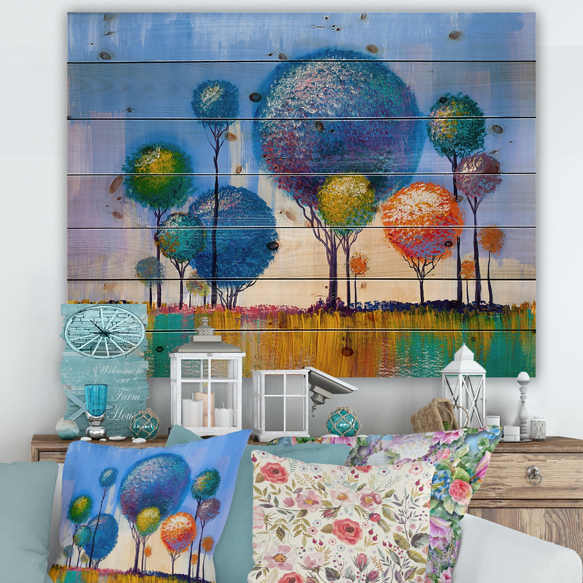 Designart 'Colourful Landscape Trees Impressionist I' Modern Print on Natural Pine Wood