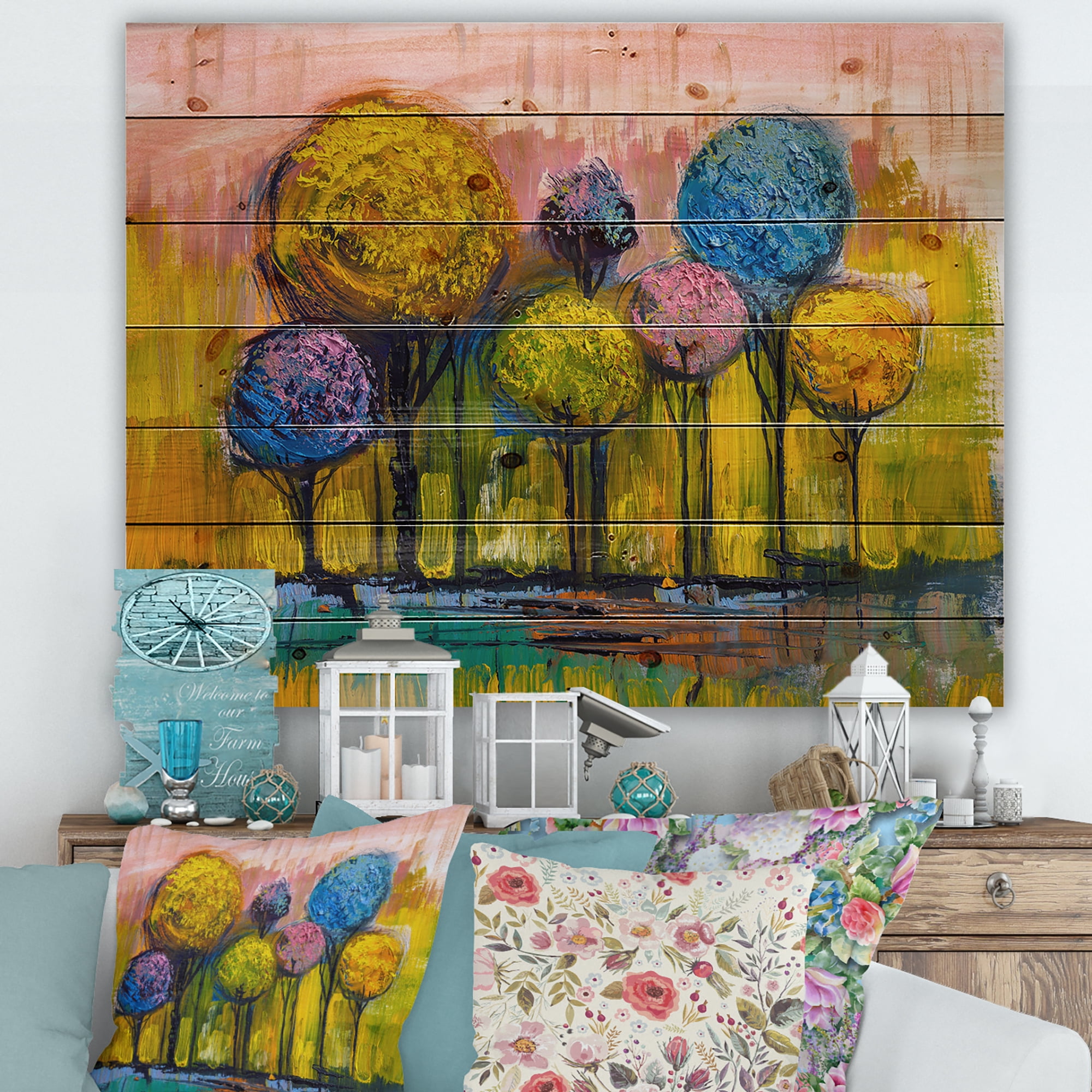 Designart 'Colourful Landscape Trees Impressionist IV' Modern Print on Natural Pine Wood