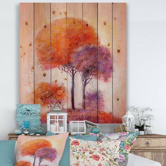 Designart 'Colourful Trees Abtract Impression I' Traditional Print on Natural Pine Wood