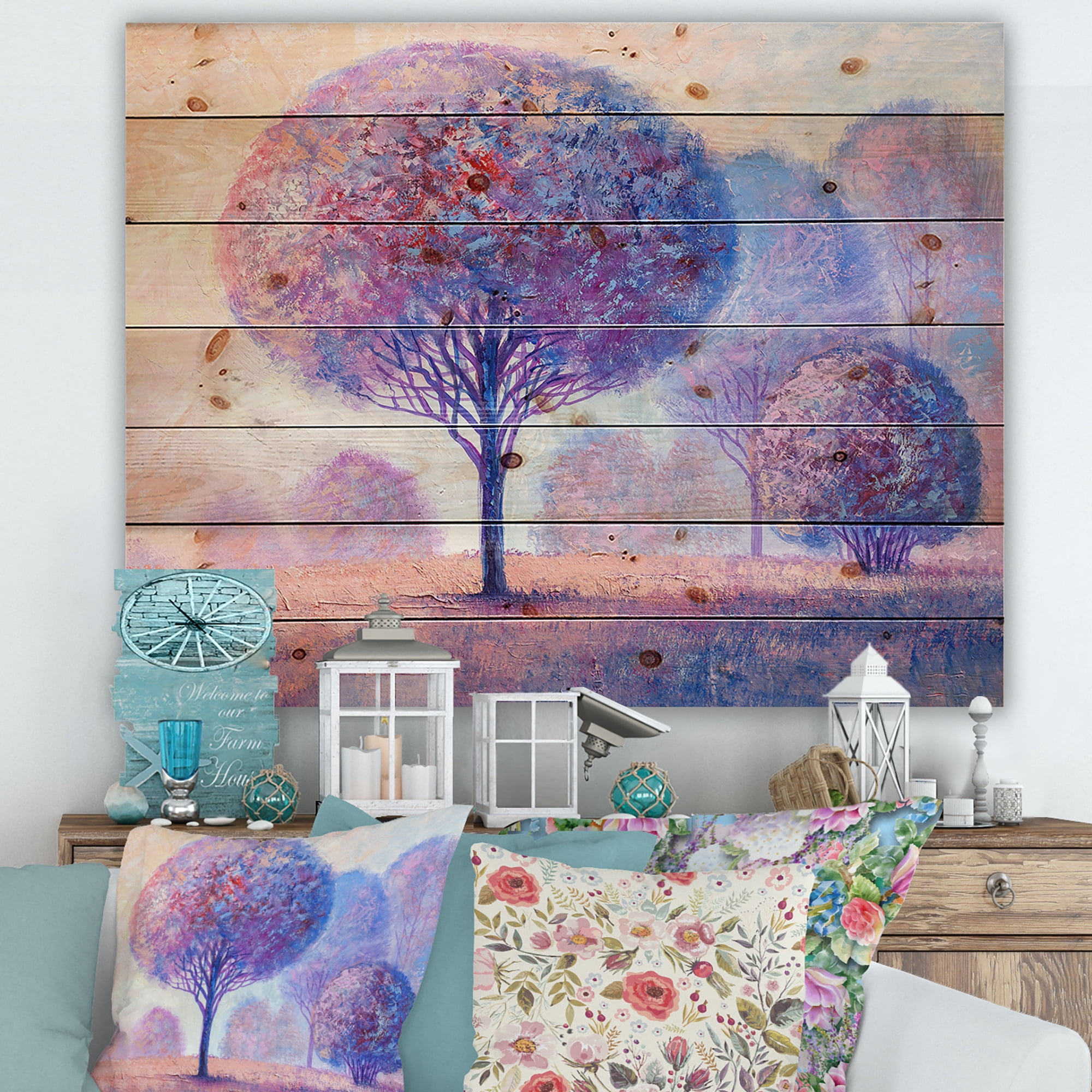 Designart 'Colourful Trees Abtract Impression II' Traditional Print on Natural Pine Wood