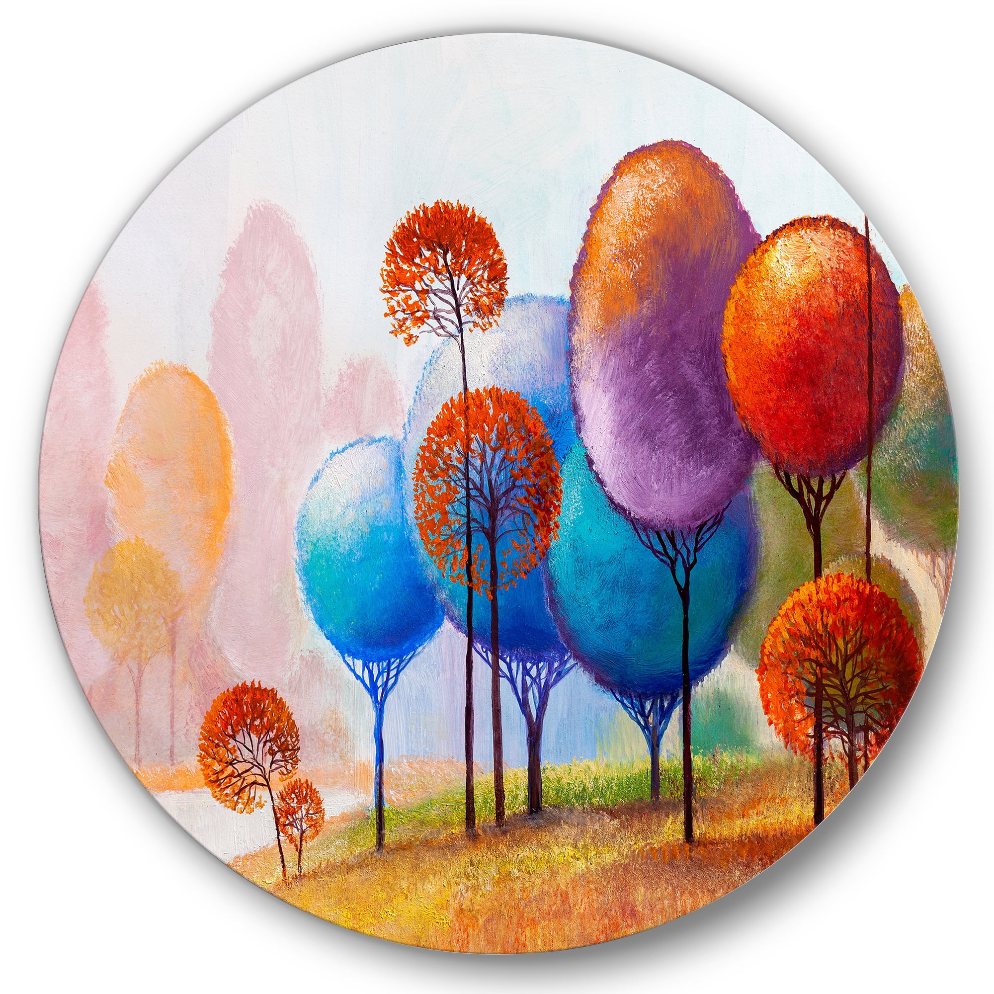 Designart 'Colourful Trees Abtract Impression III' Traditional Circle Metal Wall Art 23x23 - Disc of 23