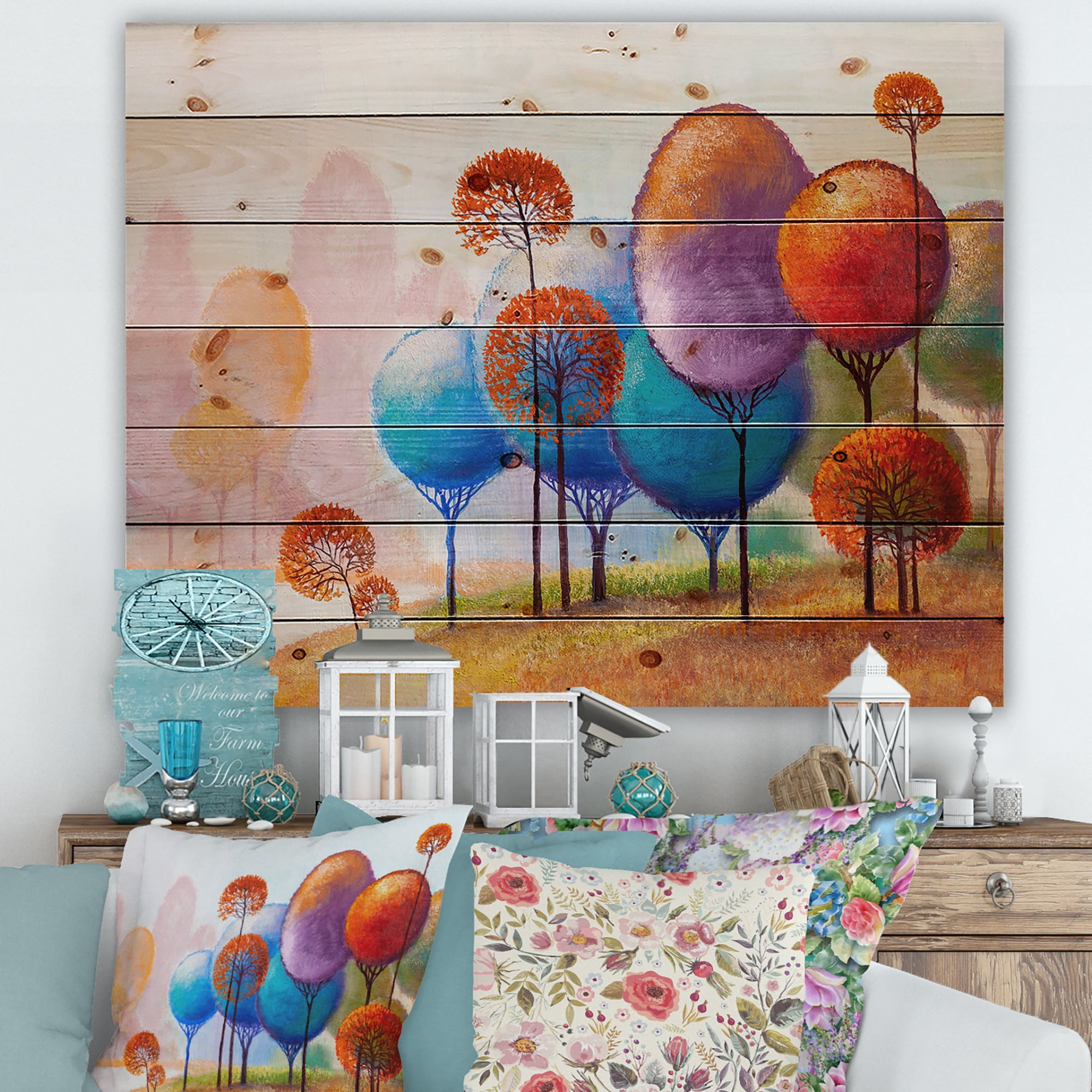 Designart 'Colourful Trees Abtract Impression III' Traditional Print on Natural Pine Wood