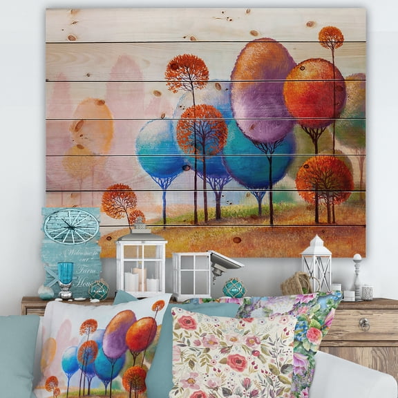 Designart 'Colourful Trees Abtract Impression III' Traditional Print on Natural Pine Wood