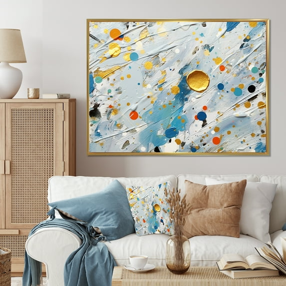 Designart "Combat Of Teal, White, And Gold Abstraction" Abstract Shapes Floater Framed Wall Art Living Room