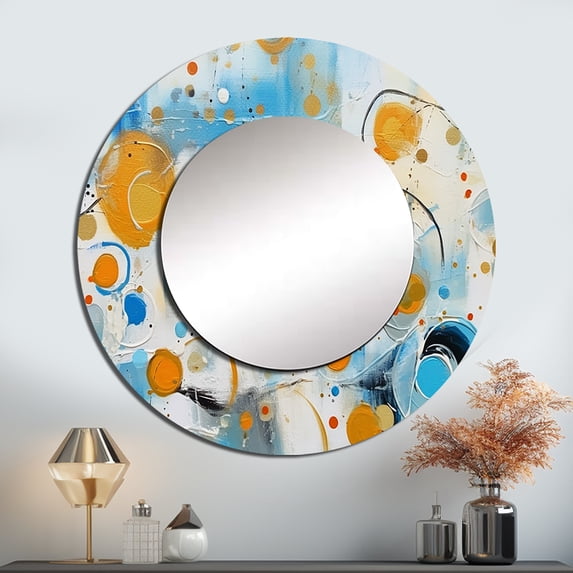 Designart "Combat of Teal, White, and Gold Abstraction IV" Abstract Shapes Rund Mirror For Wall Decor - Large Blue Round Printed Mirror -Modern Round Living Room Mirror - 29" x 29"