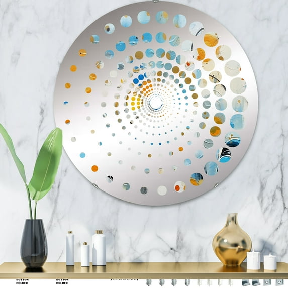 Designart "Combat of Teal, White, and Gold Abstraction IV" Abstract Shapes Spiral Dot Round Wall Mirror - Abstract Oval Printed Decorative Mirror - Multiple Color Options