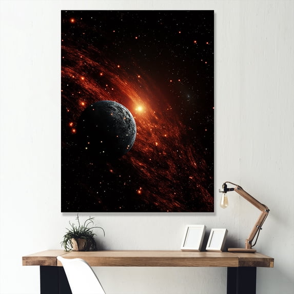 Designart "Comets in Galaxy in Orange and Black I" Astronomy & Space Canvas Wall Art - Global Black Planets Entryway Wall Art Print