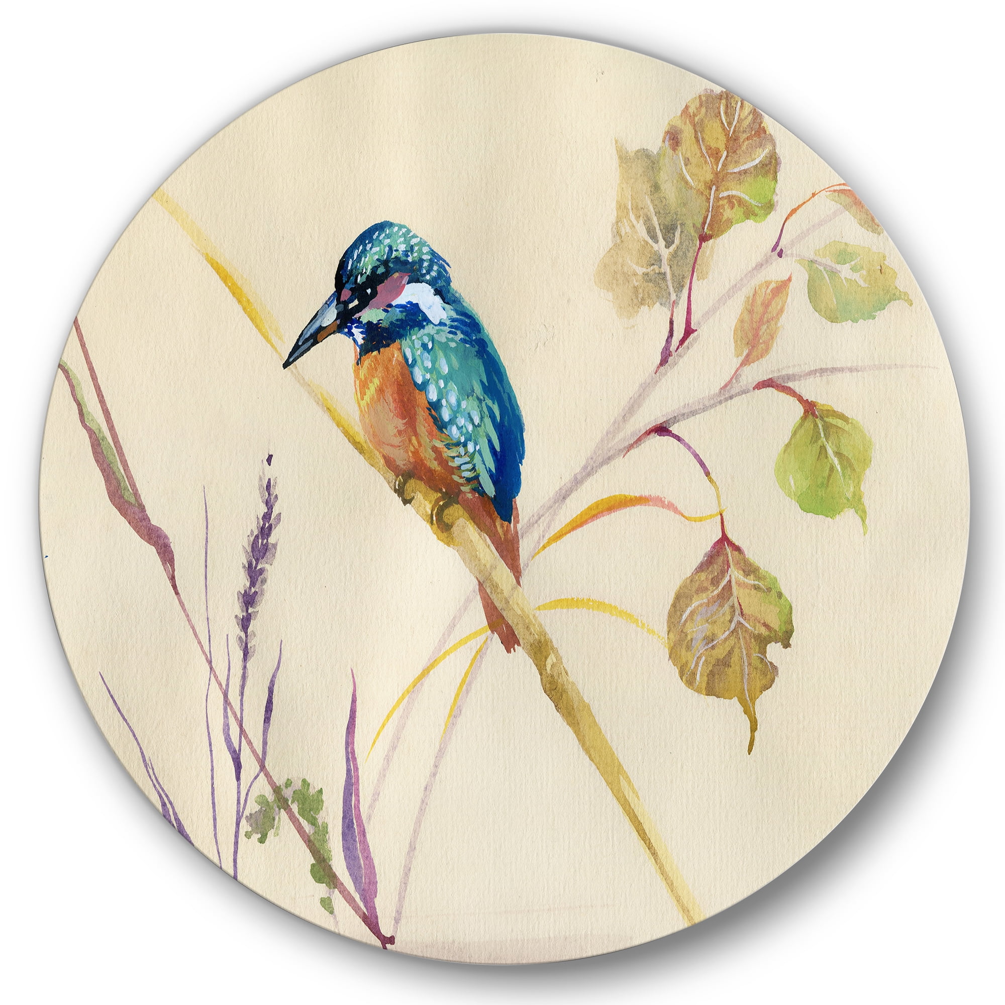 Designart 'Common Kingfisher Bird On Branch' Traditional Circle Metal Wall Art 23x23 - Disc of 23