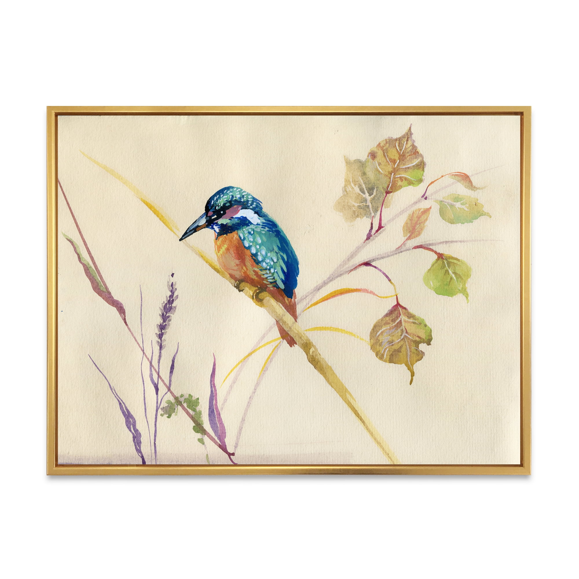 Designart 'Common Kingfisher Bird On Branch' Traditional Framed Canvas Wall Art Print