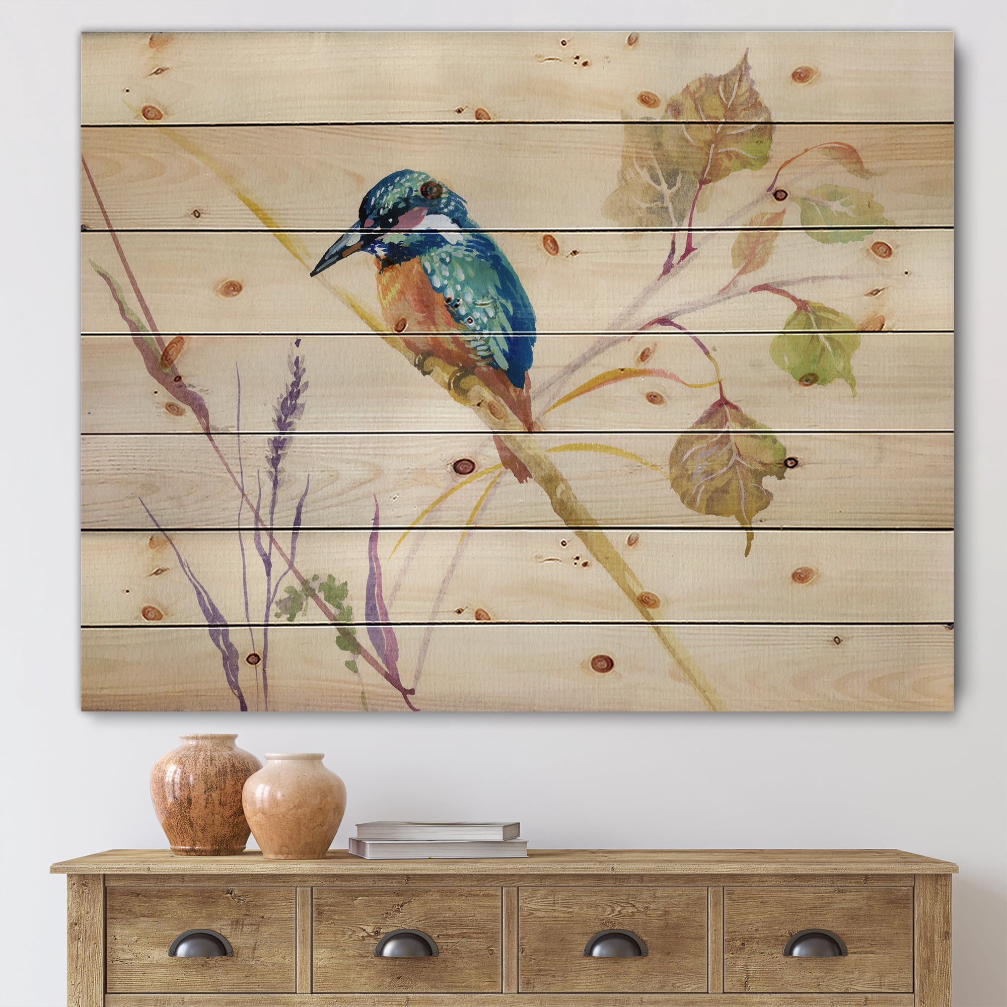 Designart 'Common Kingfisher Bird On Branch' Traditional Print on Natural Pine Wood