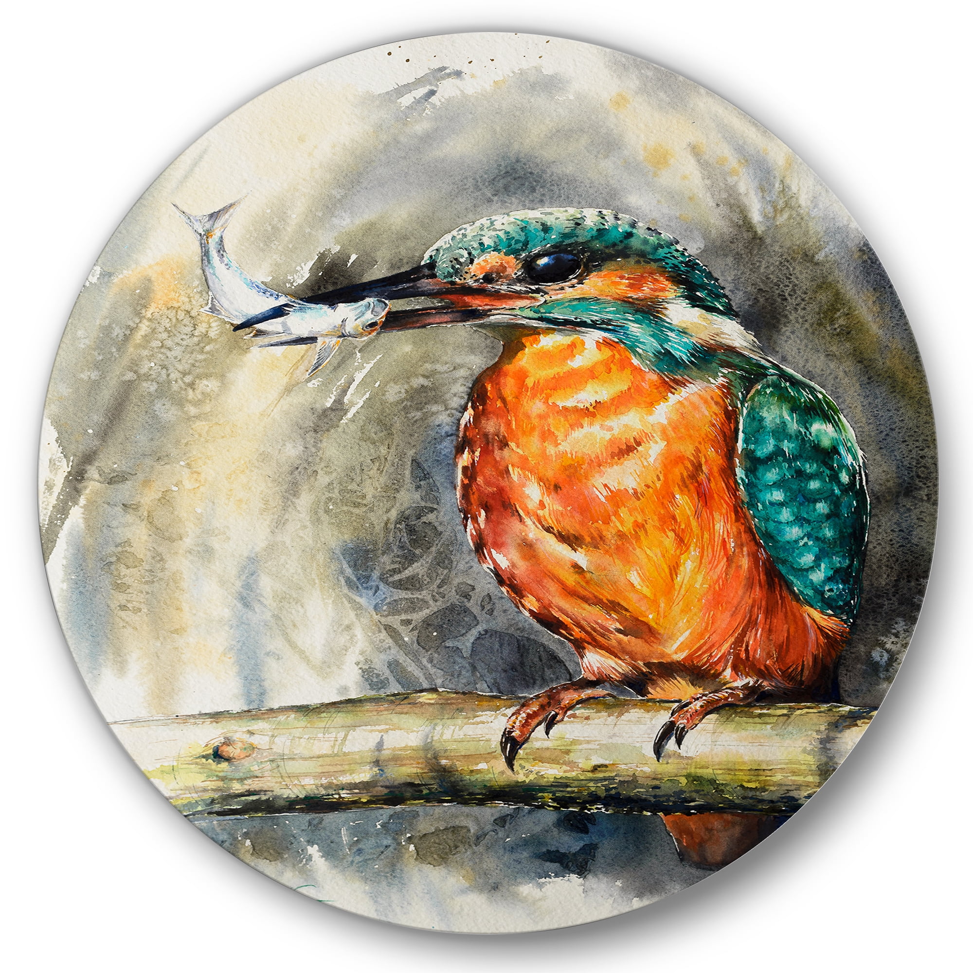 Designart 'Common Kingfisher On Branch Eating A Small Fish' Traditional Circle Metal Wall Art 23x23 - Disc of 23