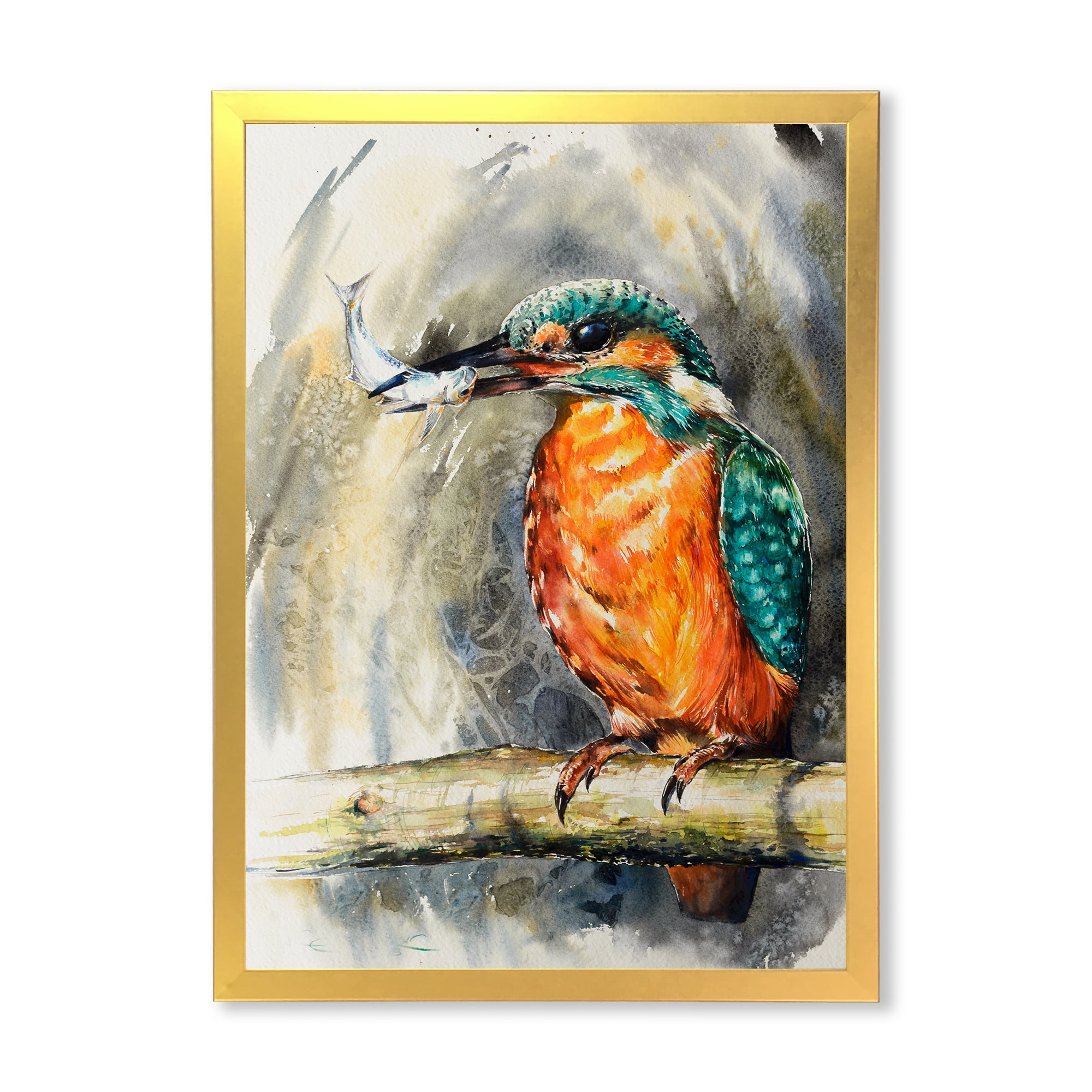 Designart 'Common Kingfisher On Branch Eating A Small Fish' Traditional Framed Art Print