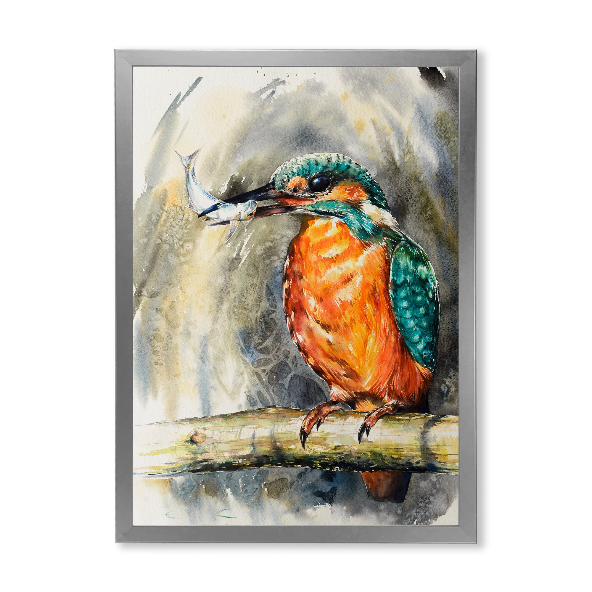 Designart 'Common Kingfisher On Branch Eating A Small Fish' Traditional Framed Art Print