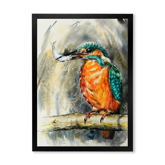 Designart 'Common Kingfisher On Branch Eating A Small Fish' Traditional Framed Art Print
