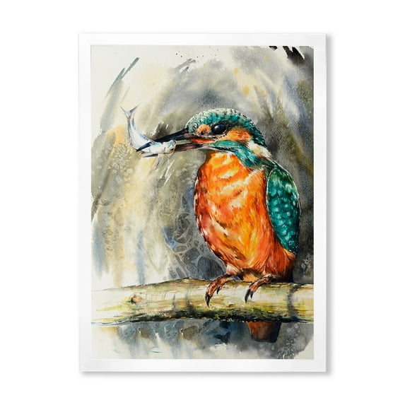 Designart 'Common Kingfisher On Branch Eating A Small Fish' Traditional Framed Art Print