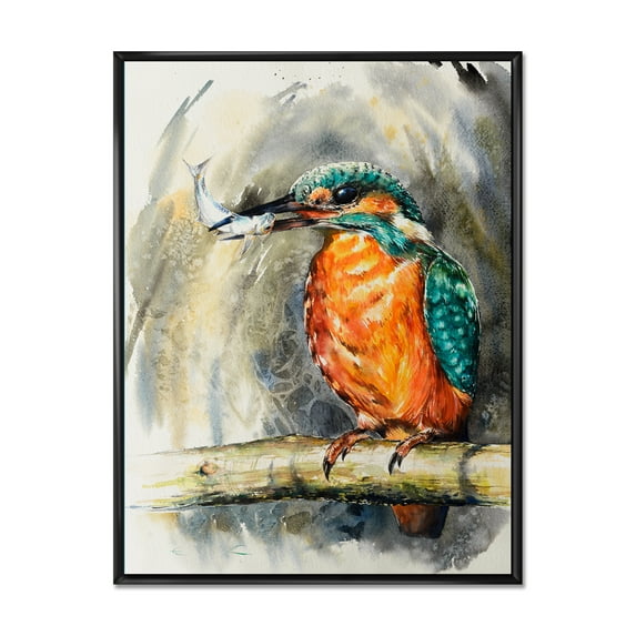 Designart 'Common Kingfisher On Branch Eating A Small Fish' Traditional Framed Canvas Wall Art Print