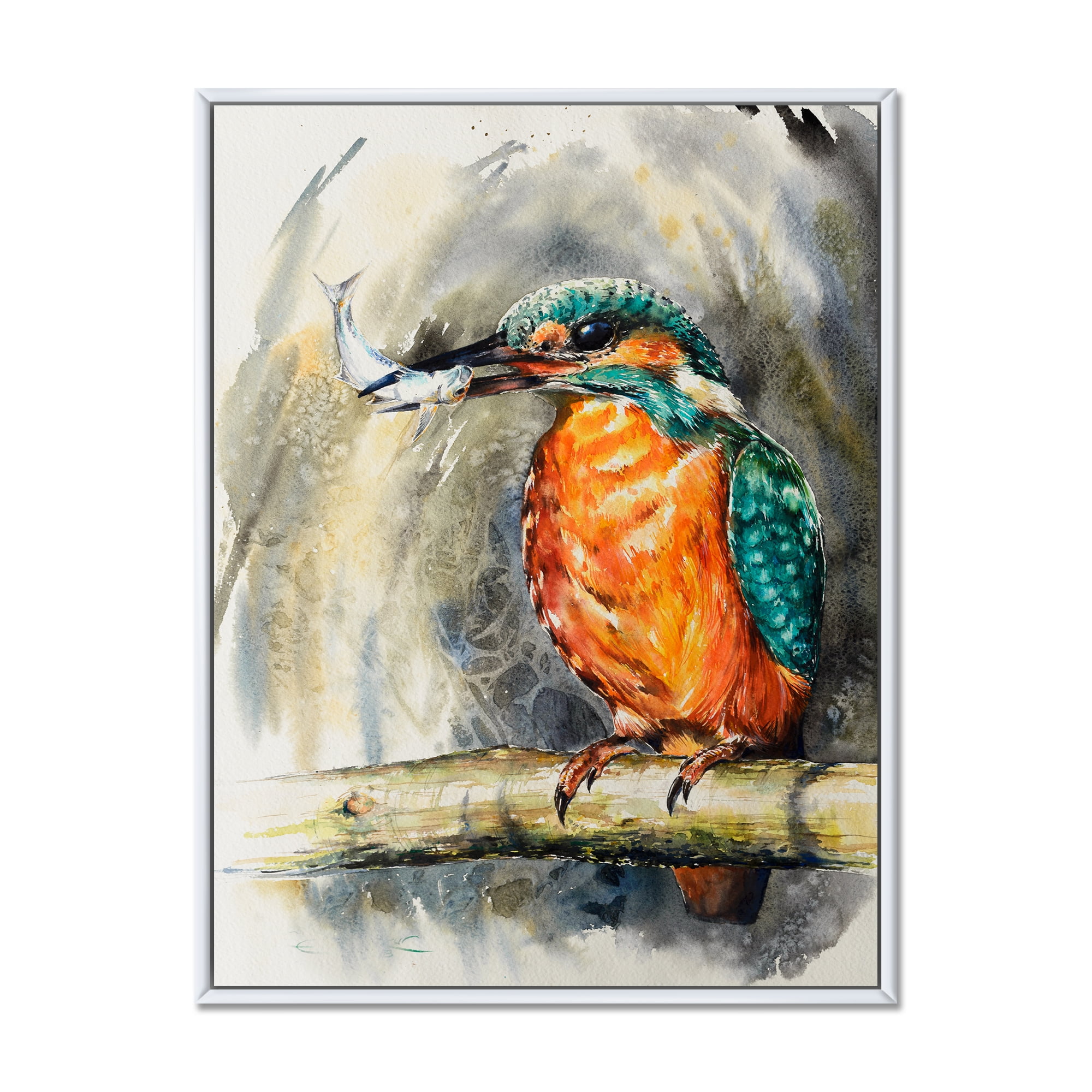 Designart 'Common Kingfisher On Branch Eating A Small Fish' Traditional Framed Canvas Wall Art Print