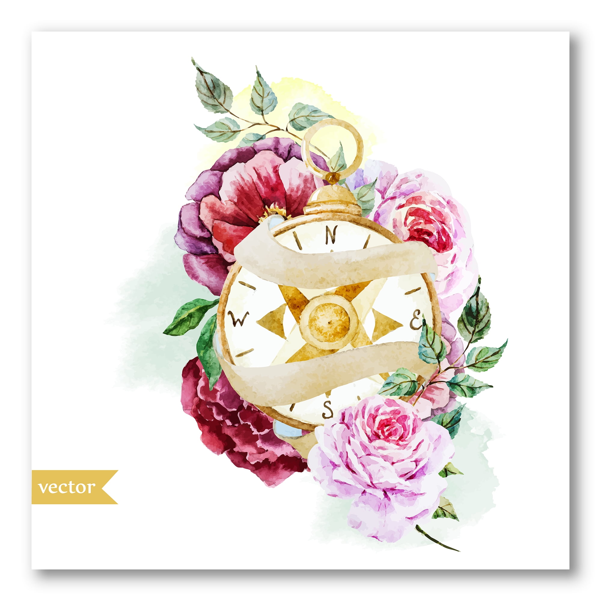 Designart ' Compass Among Flowers ' Traditional Canvas Wall Art Print