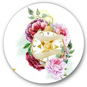 Designart 'Compass Among Flowers' Traditional Circle Metal Wall Art 36x36 - Disc of 36