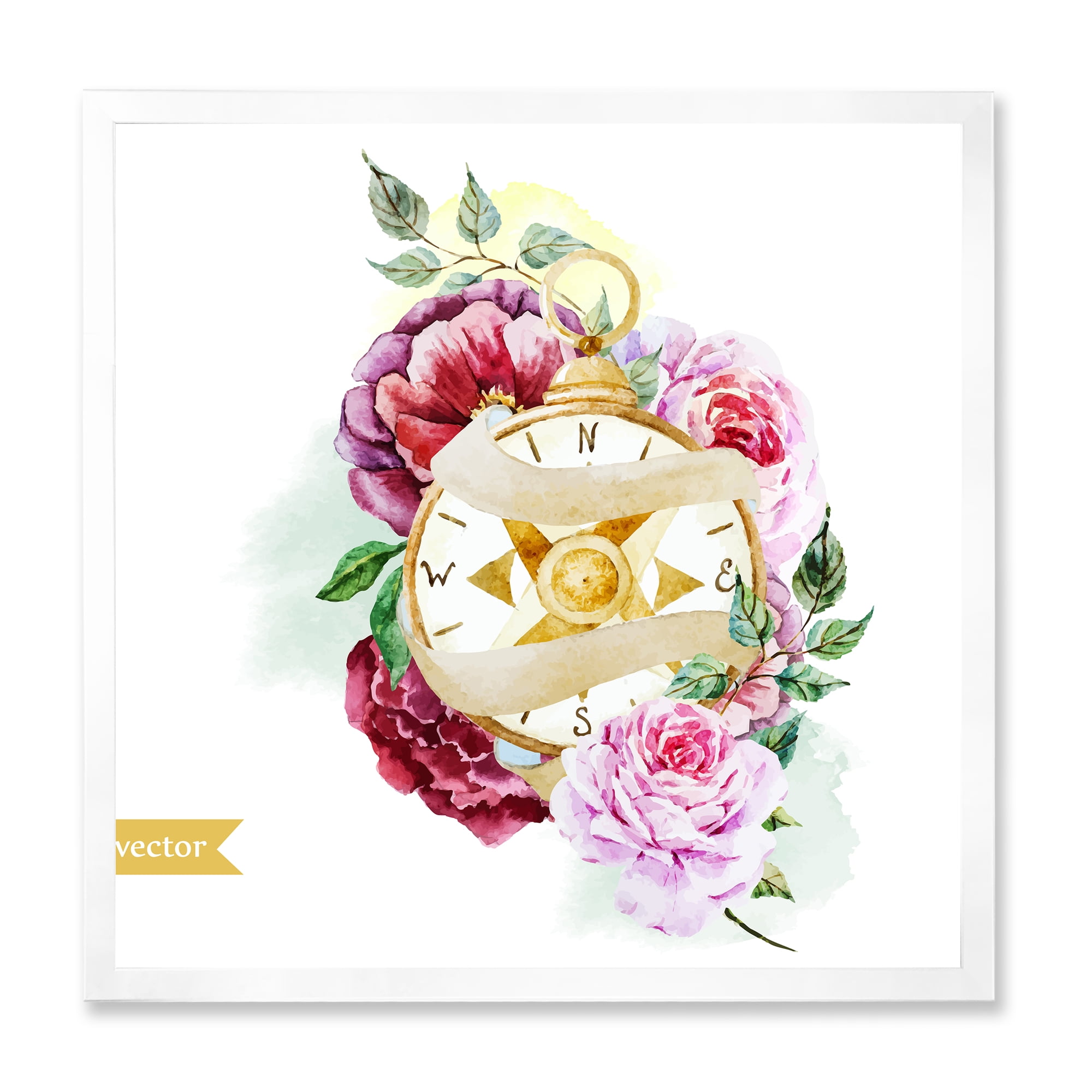 Designart 'Compass Among Flowers' Traditional Framed Art Print