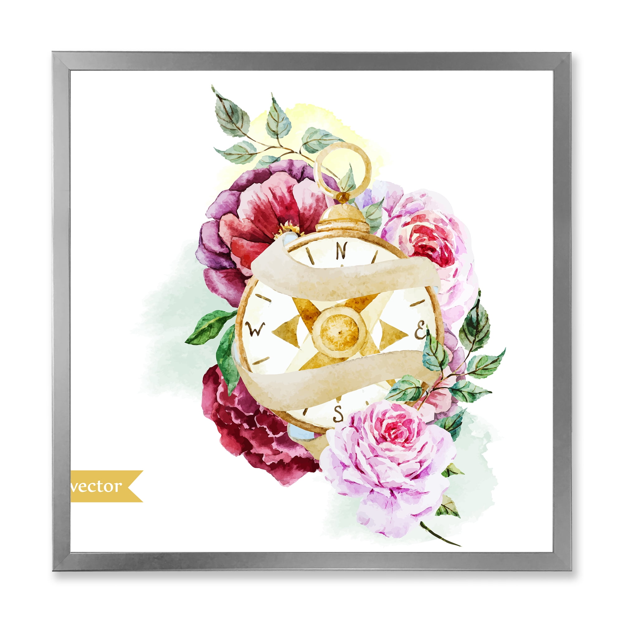 Designart 'Compass Among Flowers' Traditional Framed Art Print