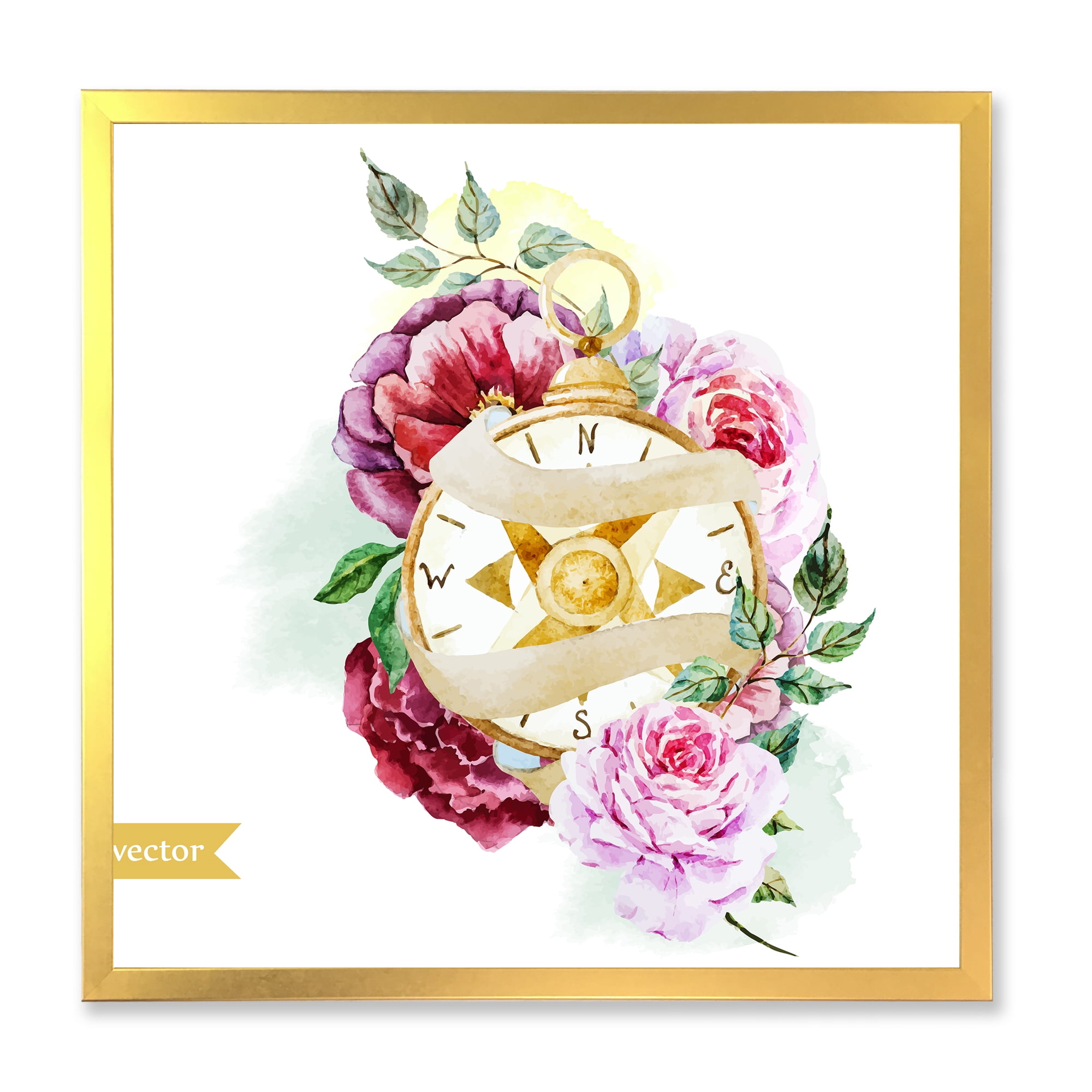 Designart 'Compass Among Flowers' Traditional Framed Art Print