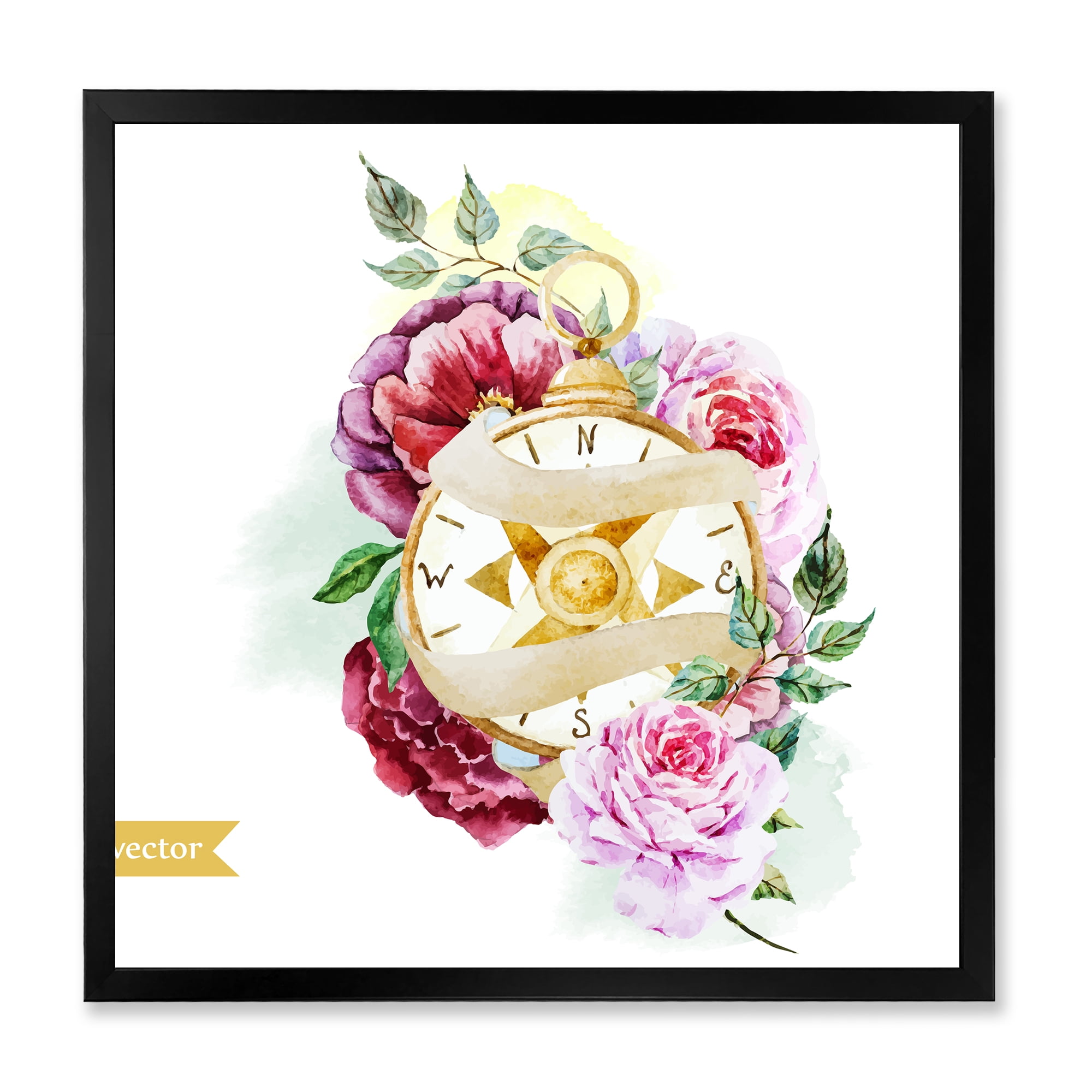 Designart 'Compass Among Flowers' Traditional Framed Art Print