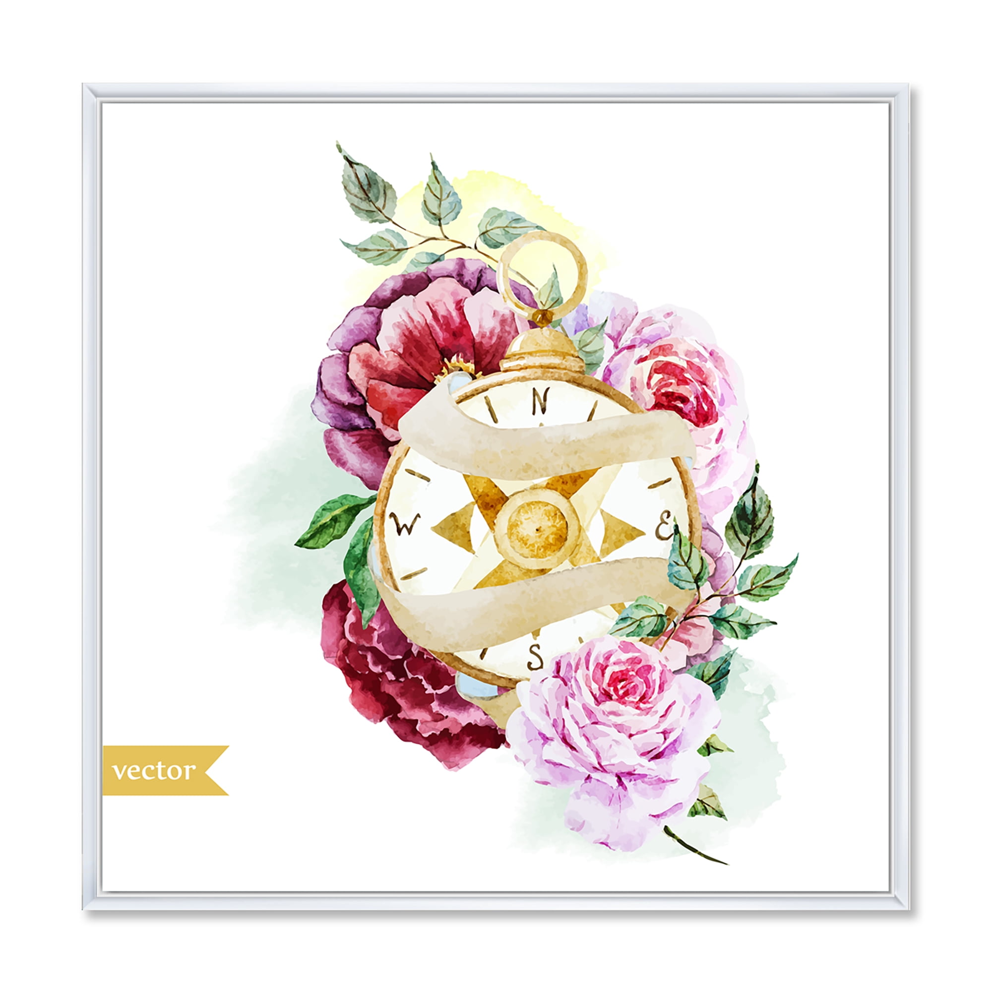 Designart 'Compass Among Flowers' Traditional Framed Canvas Wall Art Print