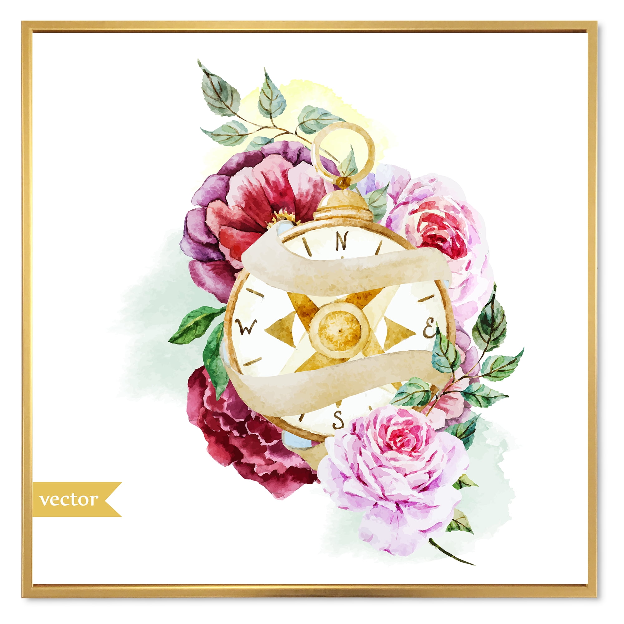 Designart 'Compass Among Flowers' Traditional Framed Canvas Wall Art Print