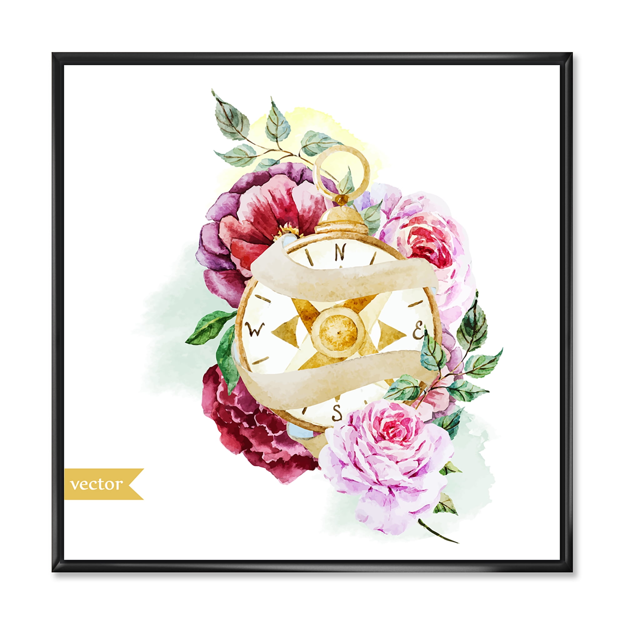 Designart 'Compass Among Flowers' Traditional Framed Canvas Wall Art Print