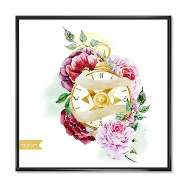 Designart 'Compass Among Flowers' Traditional Framed Canvas Wall Art Print