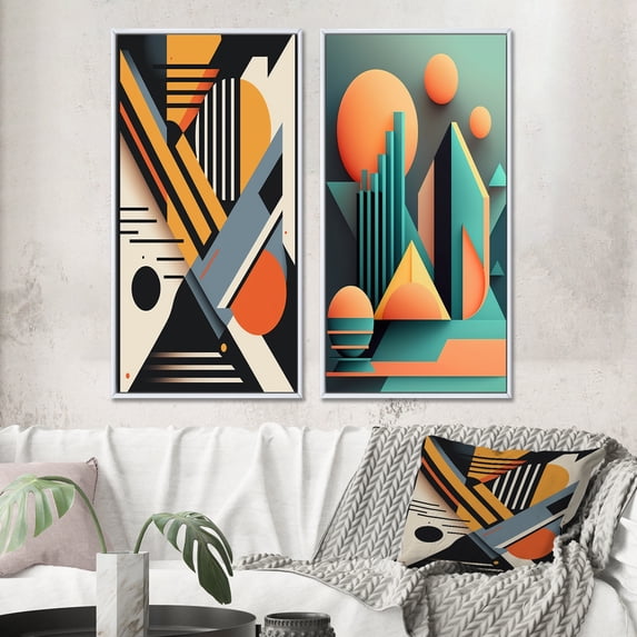 Designart "Composing Graphics with Retro Flair I" Modern Geometric Framed Wall Art Set Of 2 - Modern Blue Gallery Wall Frame Set For Home Decor