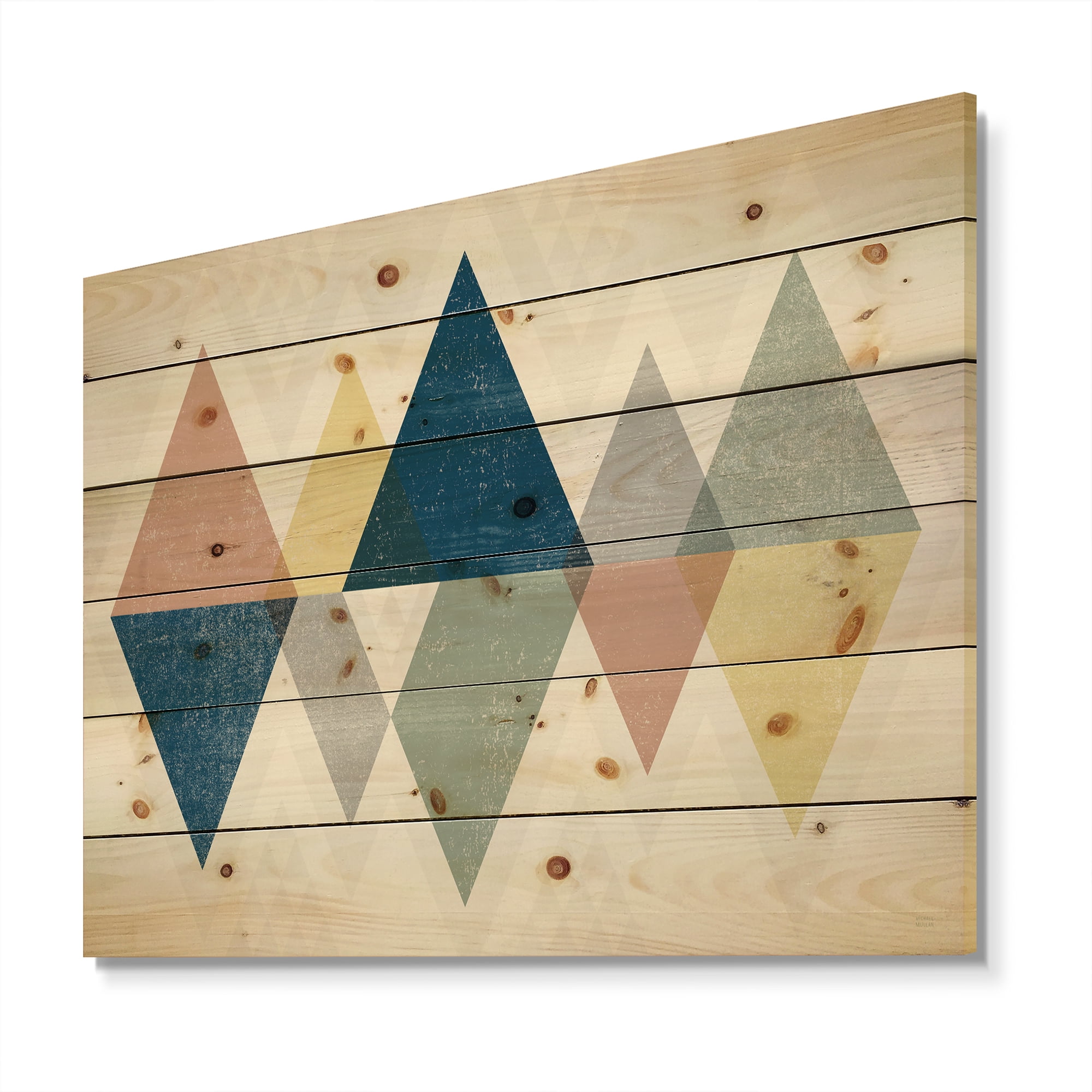 Designart 'Composition Geometrical Triangles III' Modern & Transitional Print on Natural Pine Wood