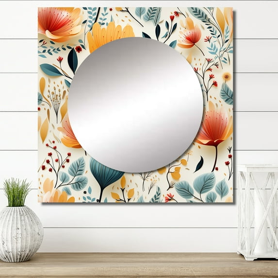 Designart "Composition Of Botanical Flowers In Pastel Colors III" 0 Square Mirror For Wall Decor - Large Yellow Square Mirror Printed Wall Decor - Bohemian Square Living Room Mirror