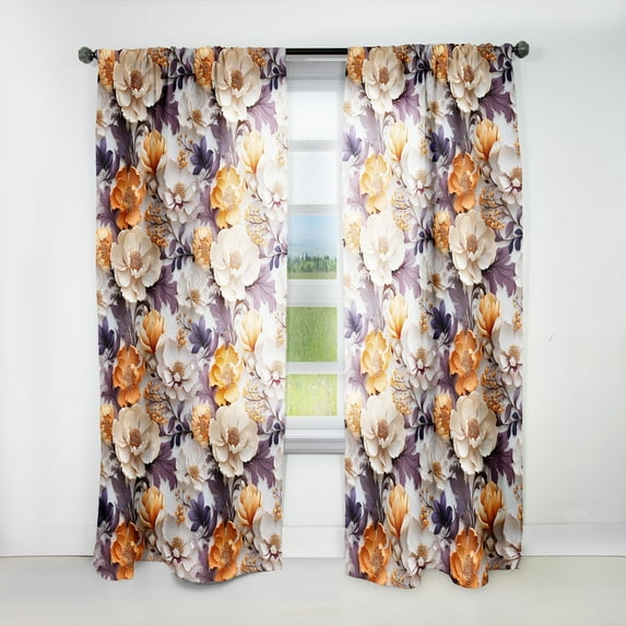 Designart "Composition Of Cottage Flowers In Beige And Purple" Floral Curtain Single Panel