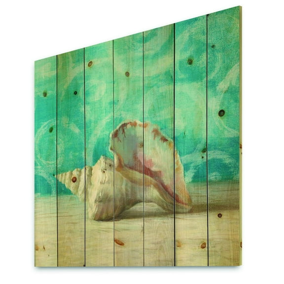 Designart 'Composition from the Sea I' Nautical & Coastal Print on Natural Pine Wood