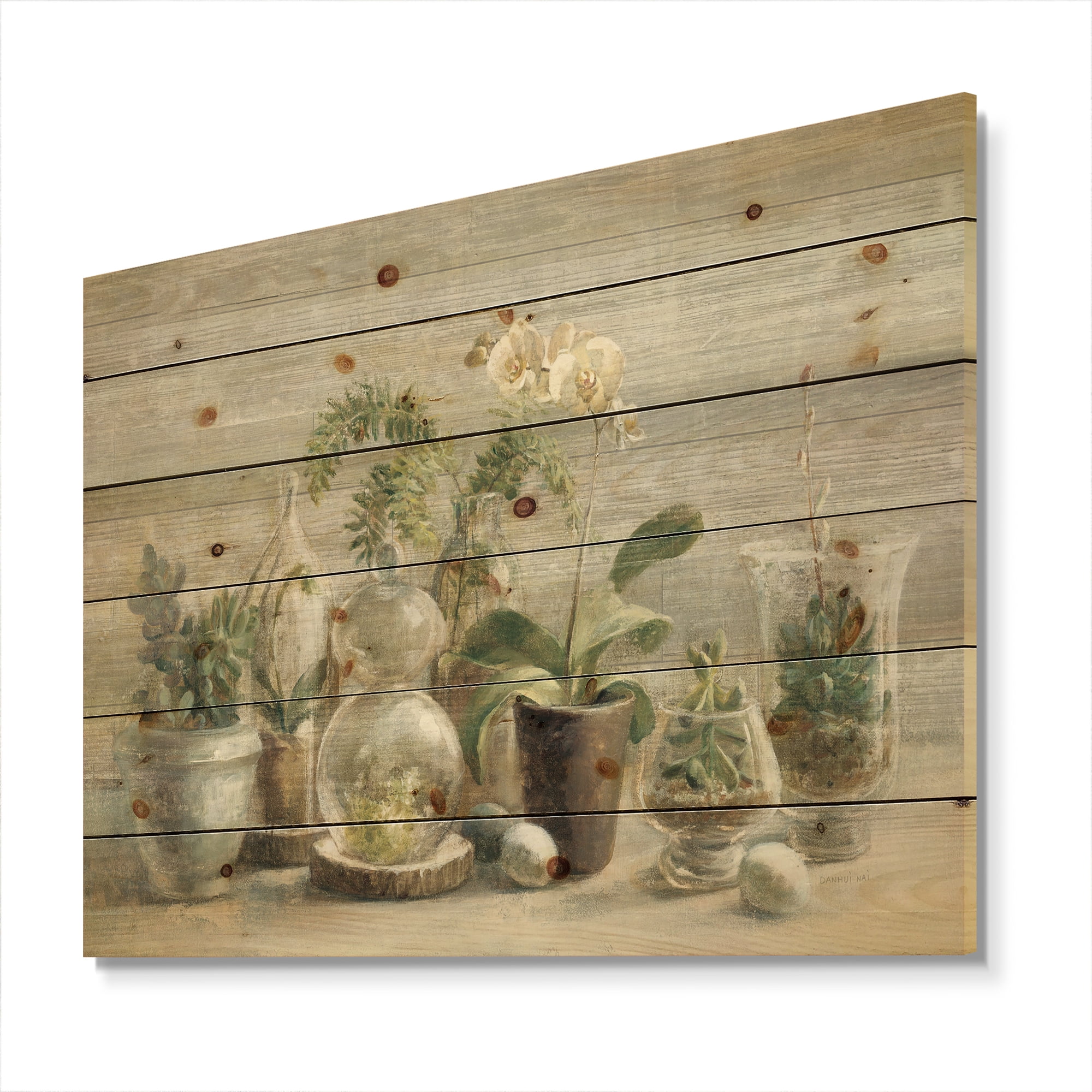 Designart 'Composition of Orchids In Flower Pots' Traditional Print on Natural Pine Wood