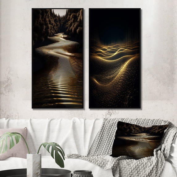 Designart "Concentric Sunlight Golden Waves II" Abstract Shapes Framed Wall Art Set Of 2 - Transitional Gold Framed Canvas Set For Living Room Decor