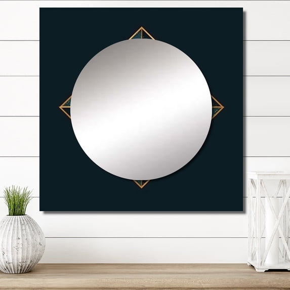 Designart "Concord Retro Diamond Geometric Design Teal And Gold IV" Modern Geometric Square Mirror Wall Decor Modern - Large Blue Square Bathroom Mirror - Square Printed Wall Mirror Art