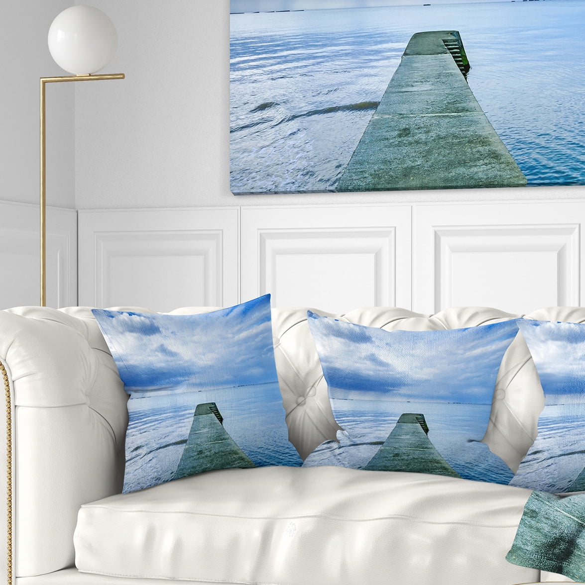 Designart Concrete Pier Under Cloudy Sky - Seascape Throw Pillow - 16x16