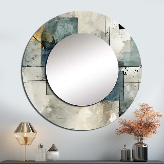 Designart "Concrete Symmetry In Shades Of Grey" Geometric Rund Mirror For Wall Decor - Large Grey Round Printed Mirror -Modern Round Living Room Mirror - 29" x 29"