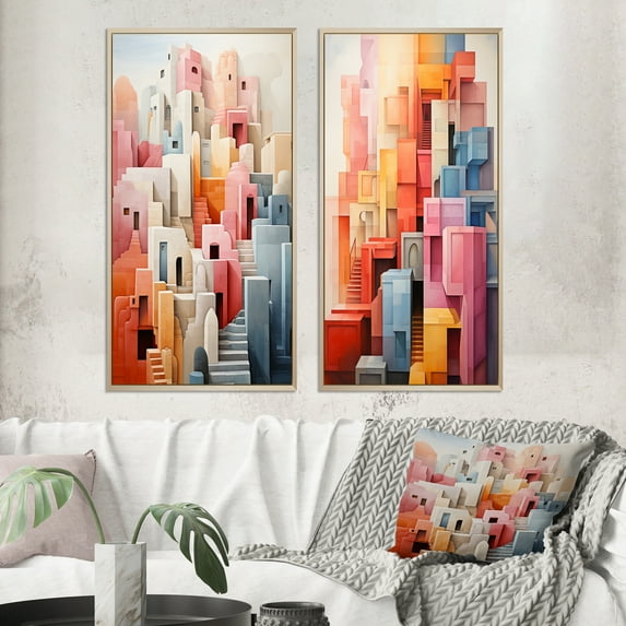 Designart "Constructed Horizons in Constructivism IX" Constructivism Framed Wall Art Set Of 2 - Orange Abstract Gallery Wall Frame Set For Home Decor