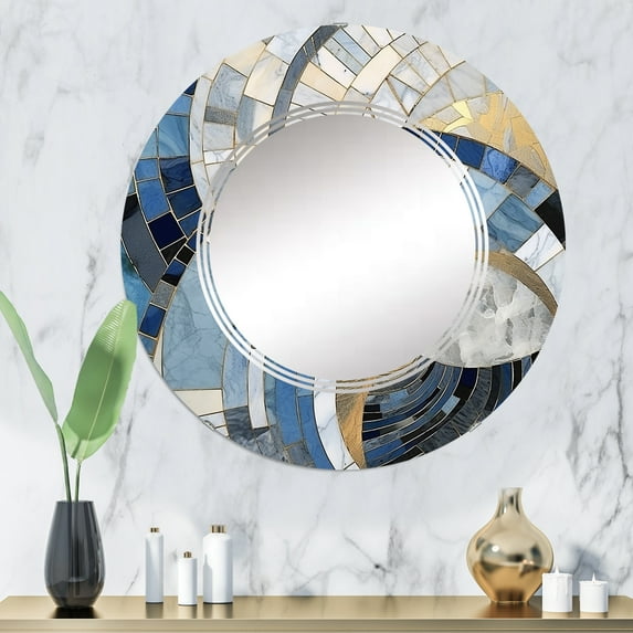 Designart "Constructing Blue Realms in Blue and Gold I" Abstract Shapes Round Wall Mirror - Modern Oval Printed Decorative Oversized Mirror - Multiple Color Options